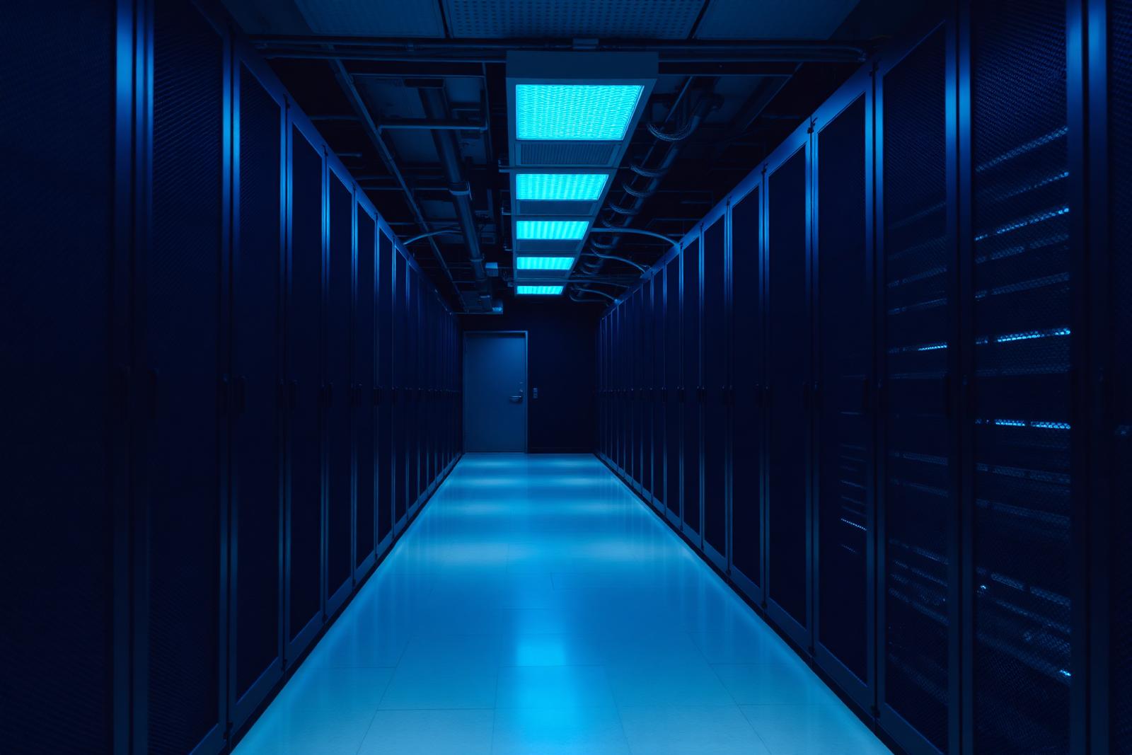 Data centre corridor lined with server racks illuminated by blue indicator lighting