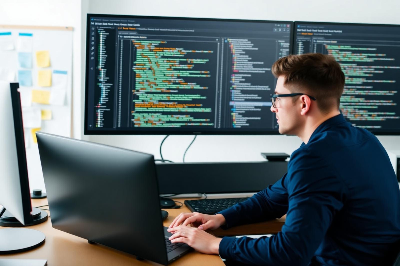 Two engineers reviewing application source code on a large monitor during a code review session