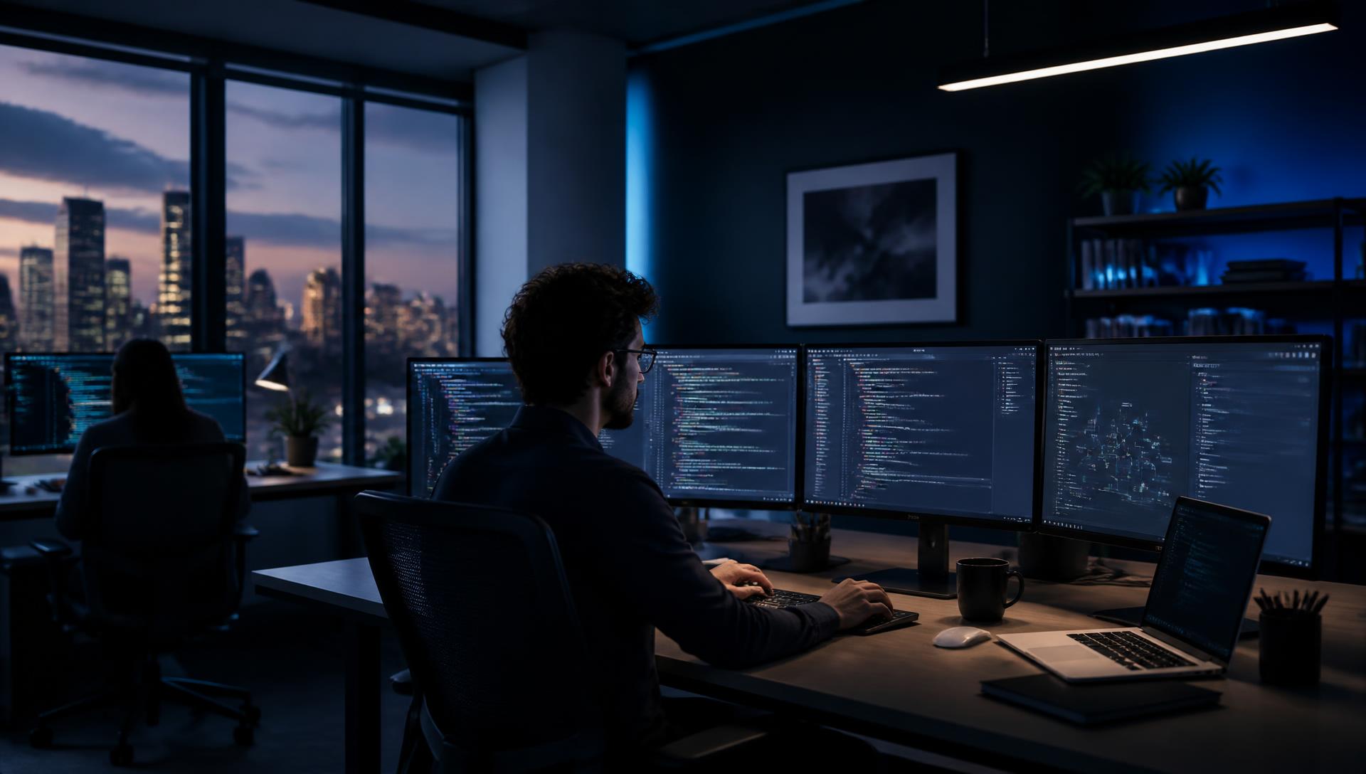 Software engineer working at a multi-monitor workstation showing application code and dashboards