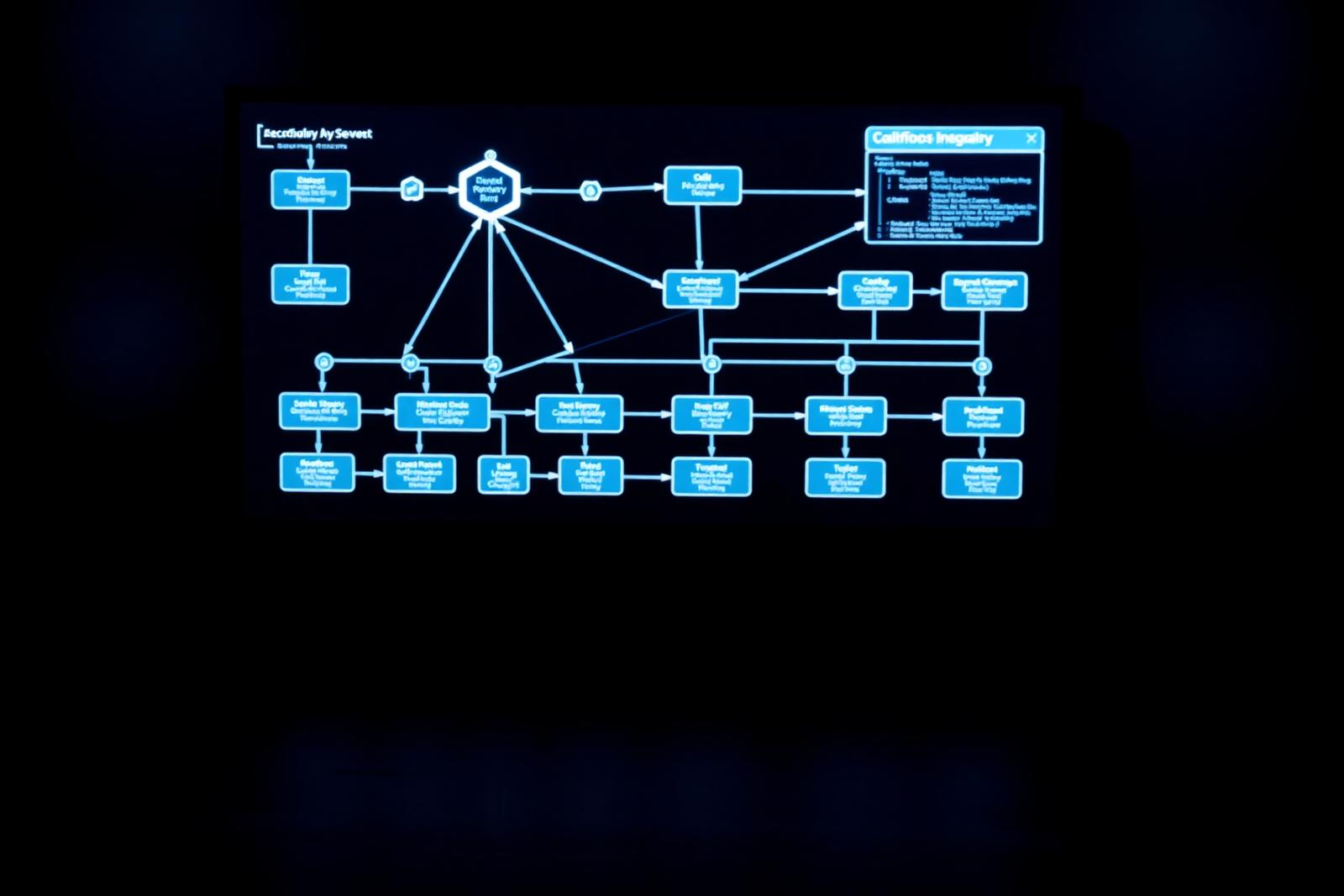 Large screen displaying an integration workflow diagram with connected processing nodes