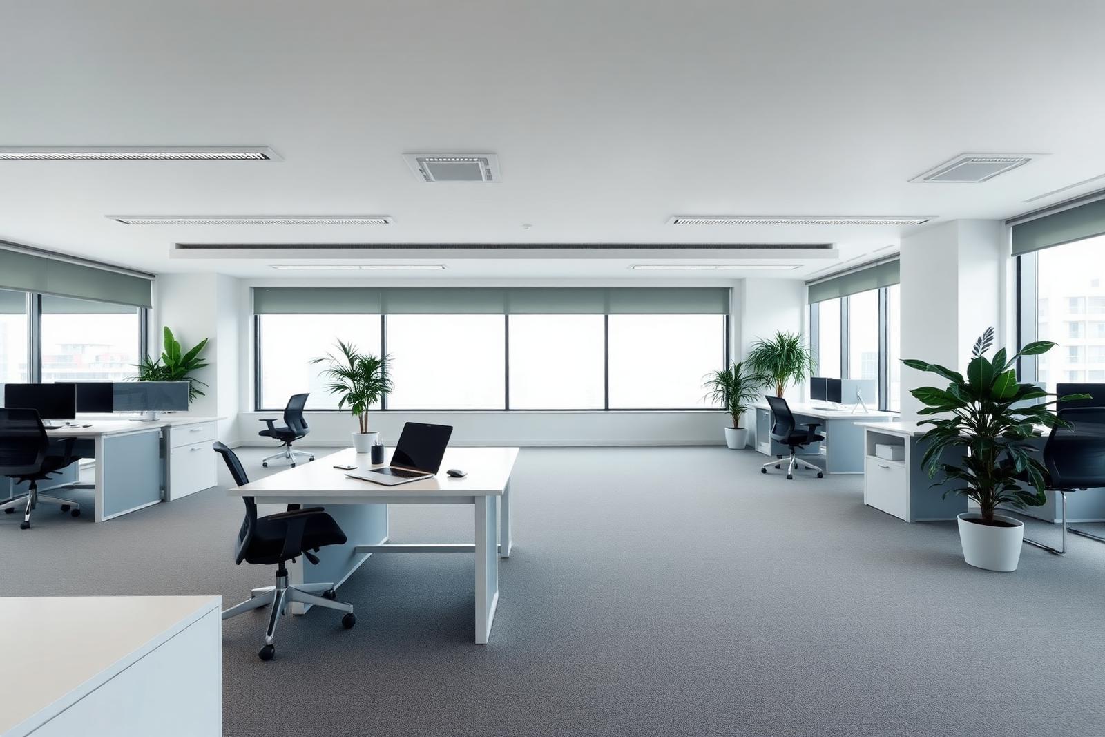 Bright modern technology office with workstations, monitors and plants