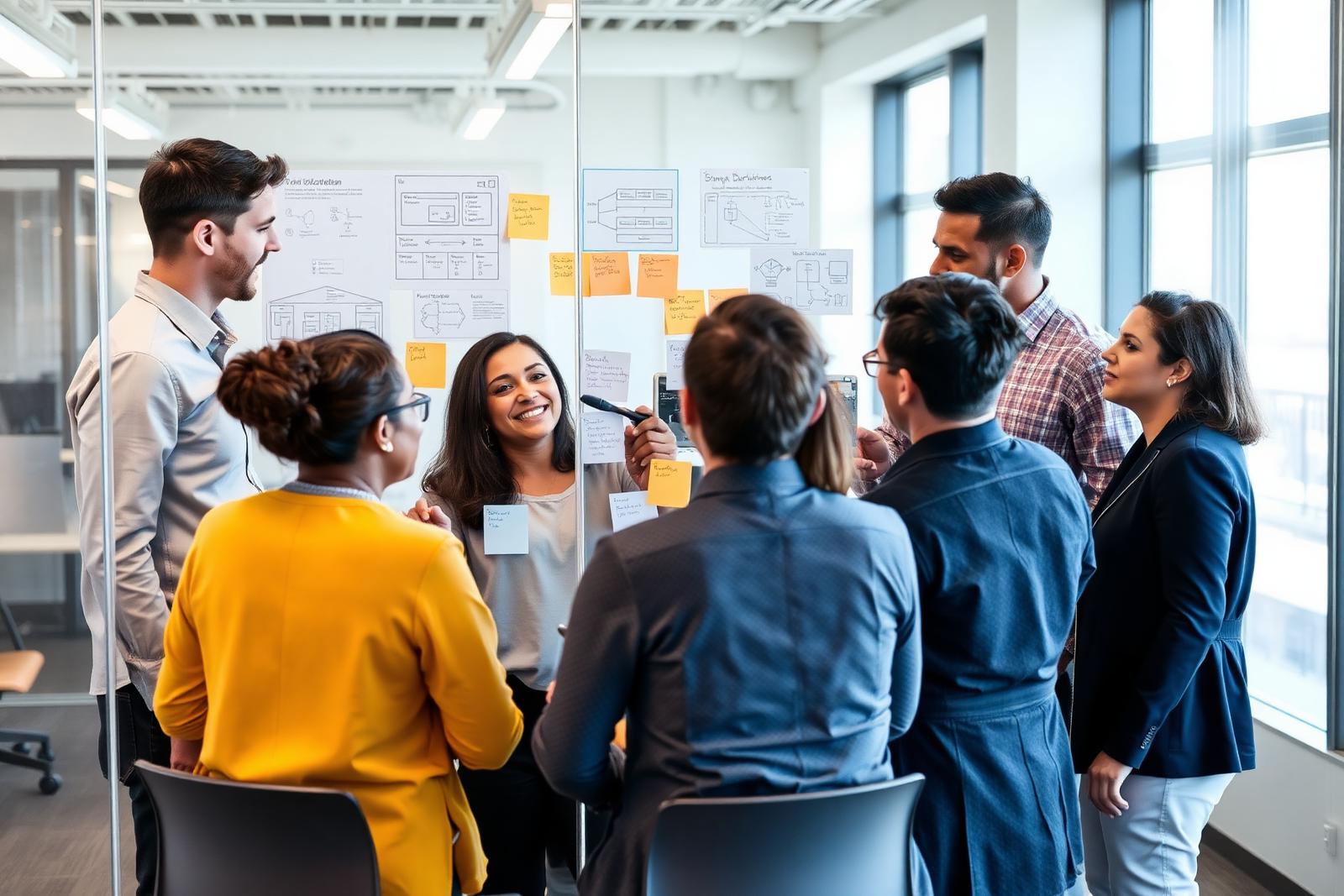 Software team discussing system architecture diagrams and notes on a glass wall in an office